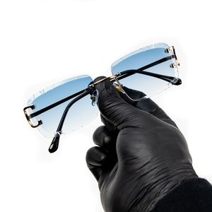 Men's Gem Cut Blue Tint Gold Frame Hip Hop Rimless Luxury Rectangle Sunglasses